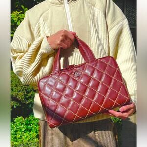 Chanel Red Burgundy Surpique Boston Quilted leather bag